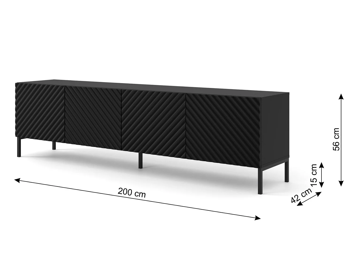 TV-Lowboard SURF 200 cm Schwarz Matt mit schwarzen Metallfüßen