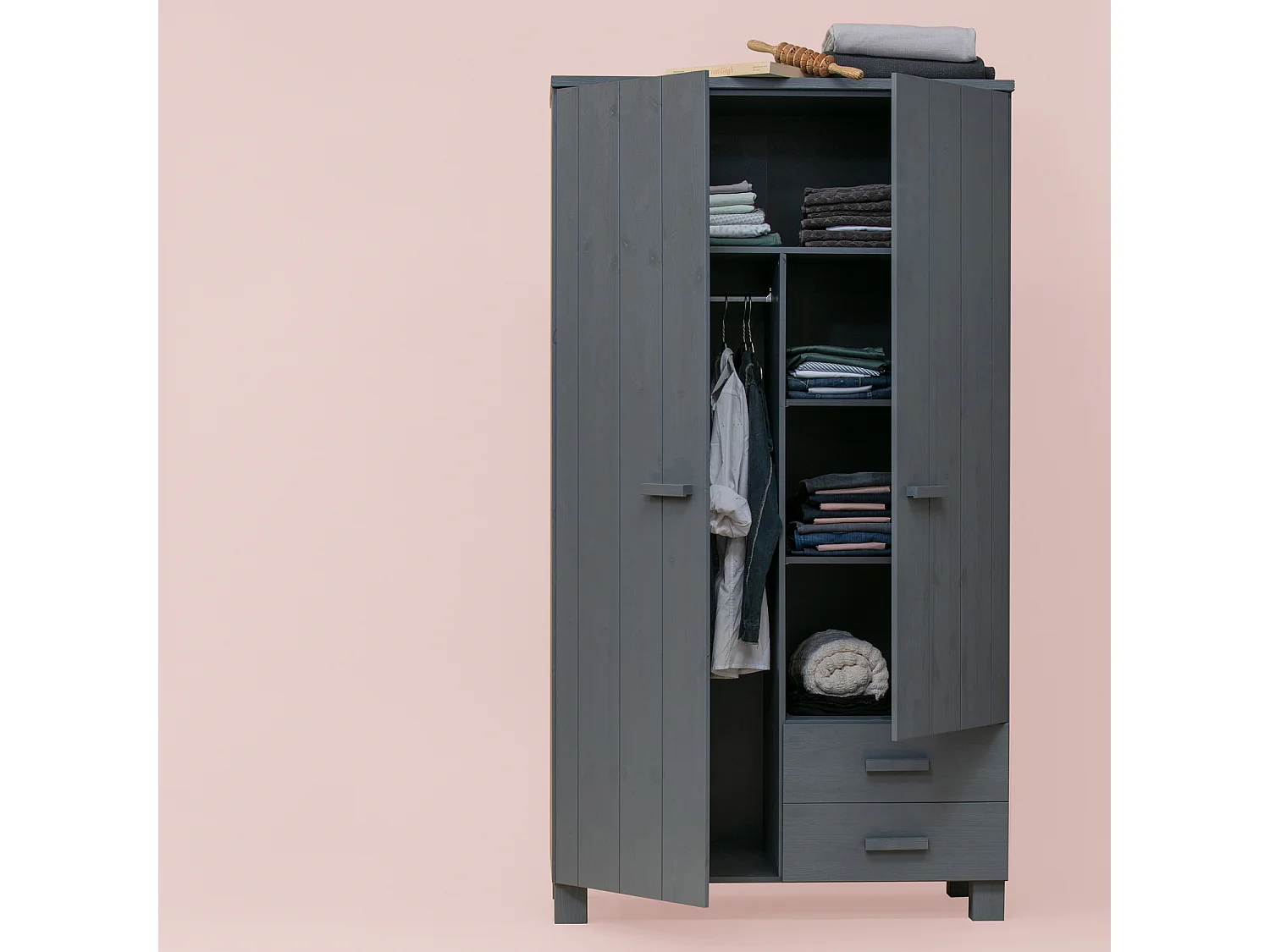 Armoire 2 portes 2 tiroirs en pin DENNIS