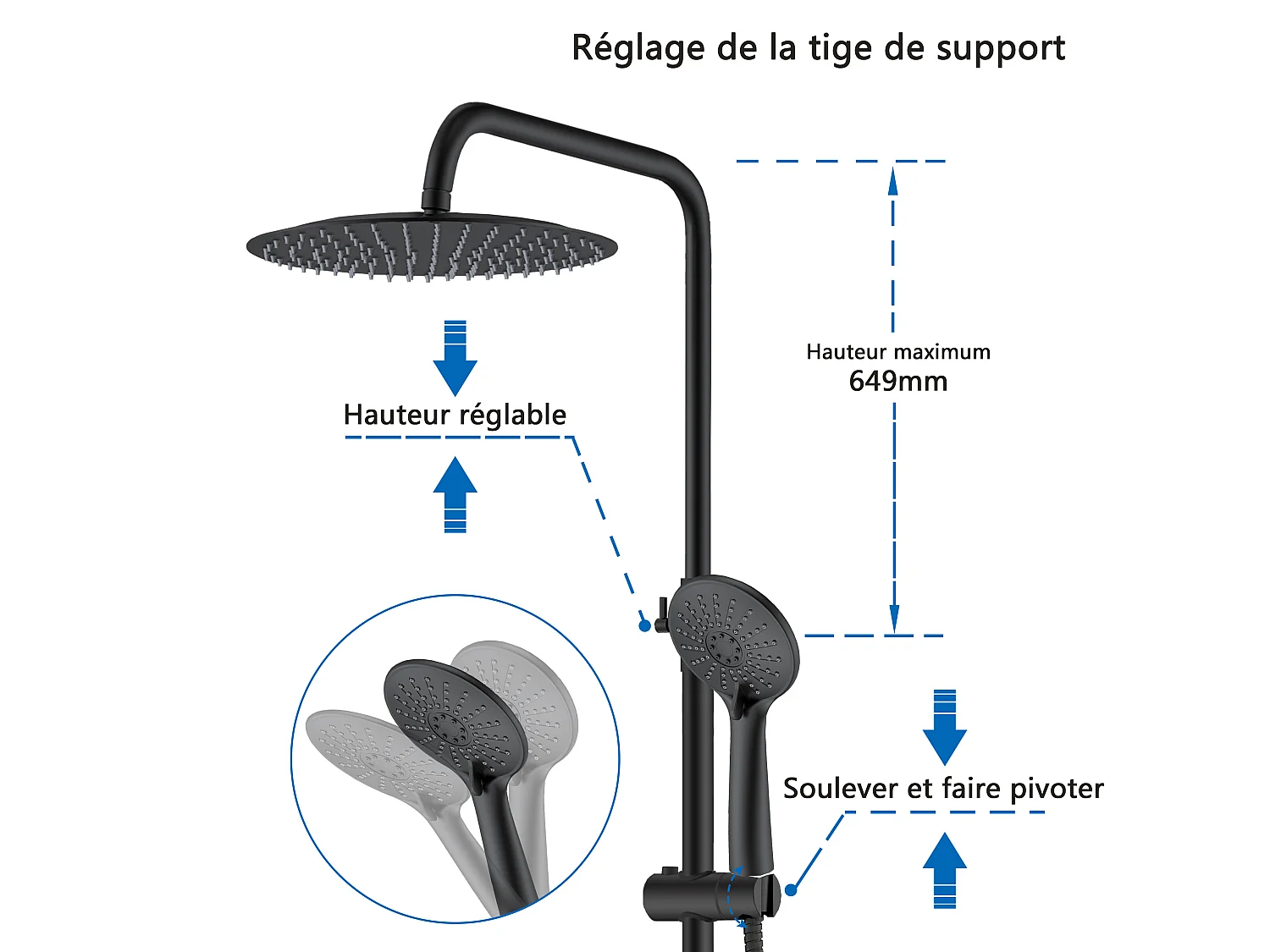 Colonne de douche thermostatique 250mm, kit de douche rond noir AICA