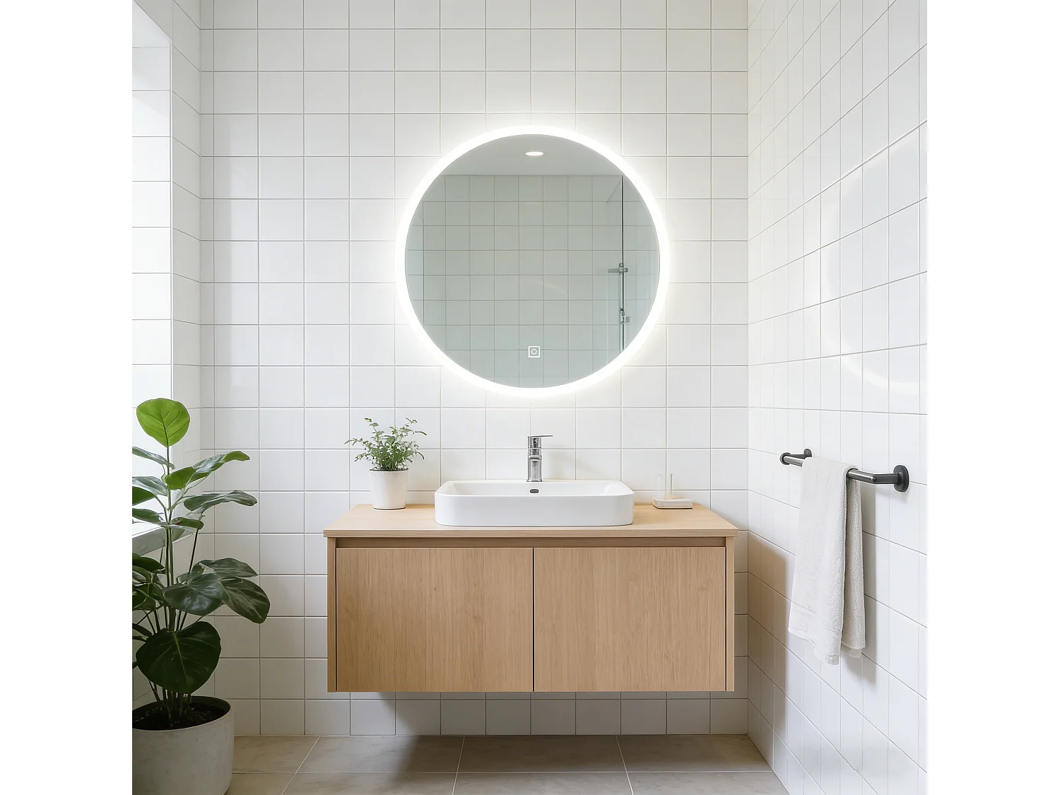 Miroir de salle de bain lumineux anti-buées rond 100x100 cm - LED,  Mémoire - Miroir lumineux