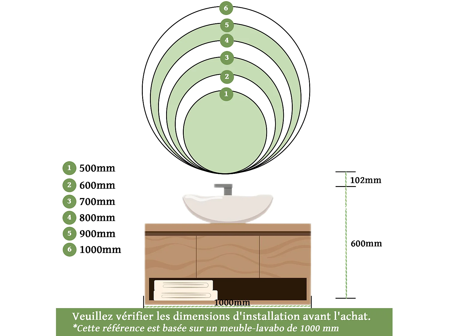Miroir de salle de bain lumineux anti-buées rond 100x100 cm - LED,  Mémoire - Miroir lumineux