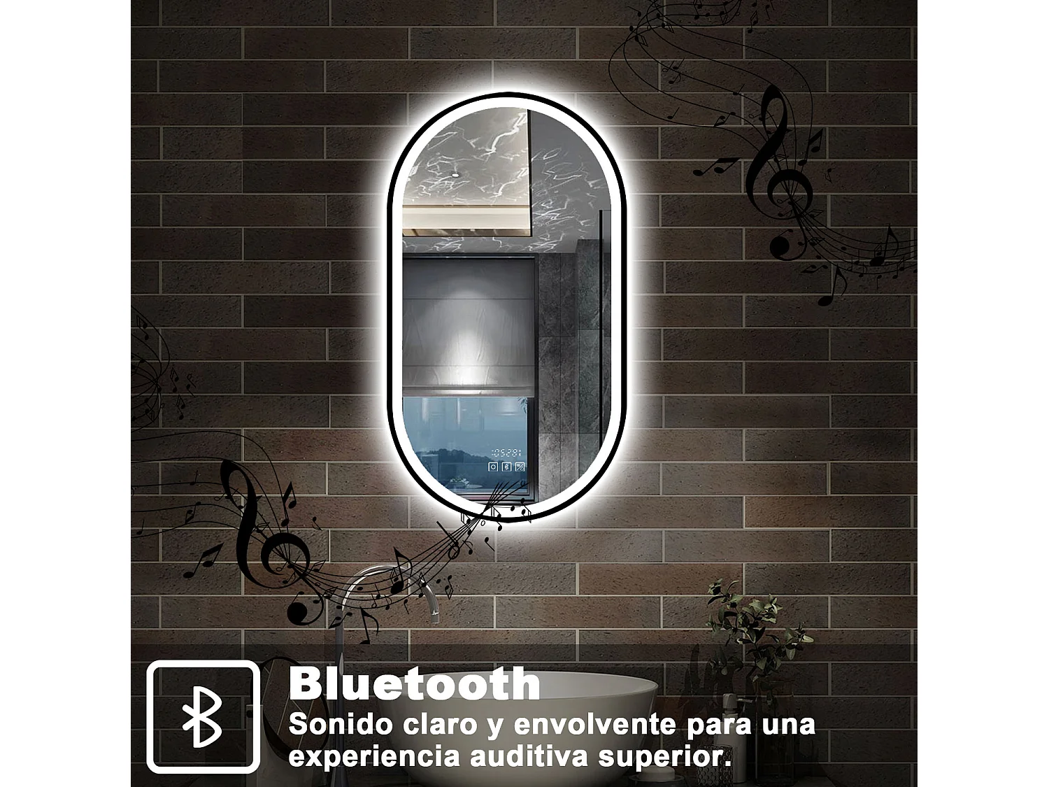 AICA espejo con luz,45x75cm,3 colores,función de antivaho y bluetooth