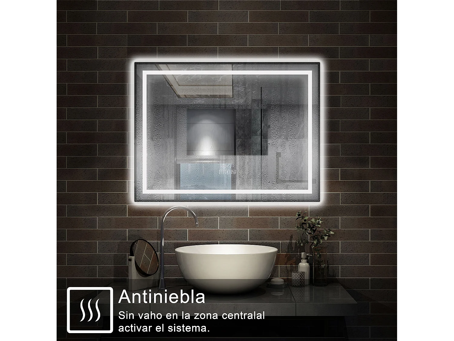 AICA espejo 80x60cm,luz de 3 colores,función de antivaho y bluetooth