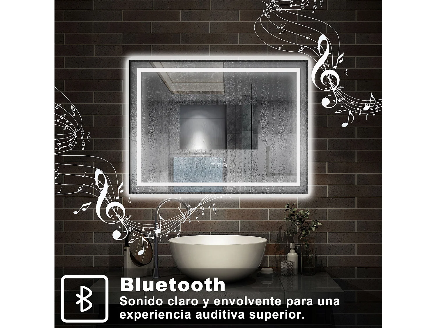 AICA espejo 80x60cm,luz de 3 colores,función de antivaho y bluetooth
