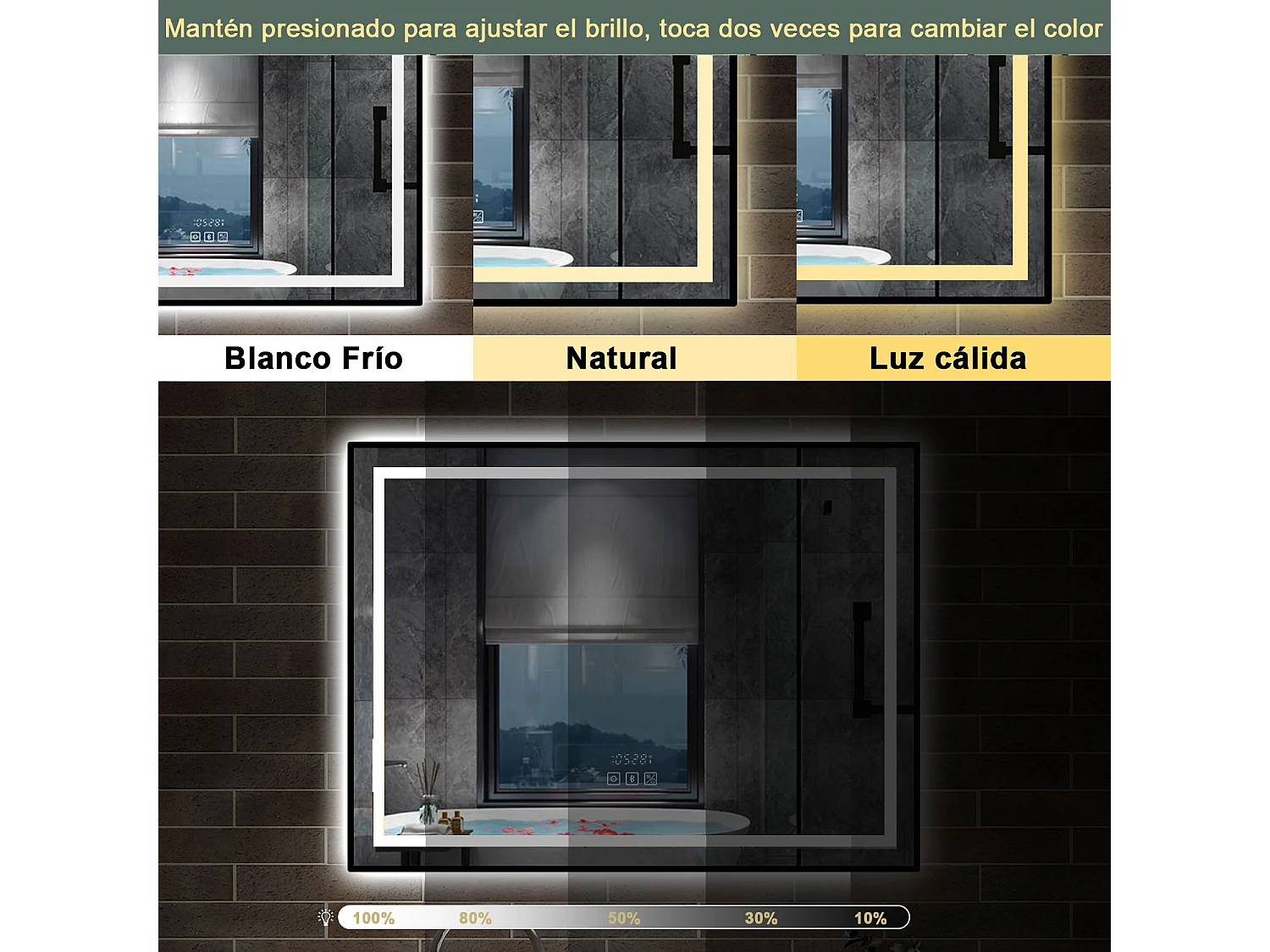 AICA espejo 80x60cm,luz de 3 colores,función de antivaho y bluetooth