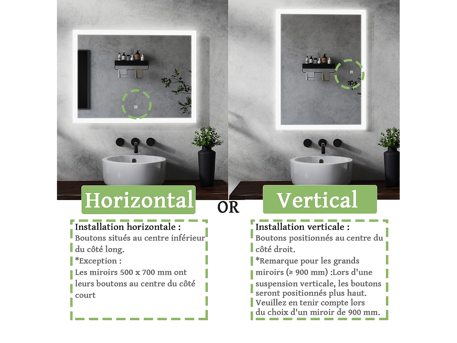 Miroir de salle de bain lumineux anti-buées rectangulaire 100x60 cm -LED,  Mémoire - Miroir lumineux