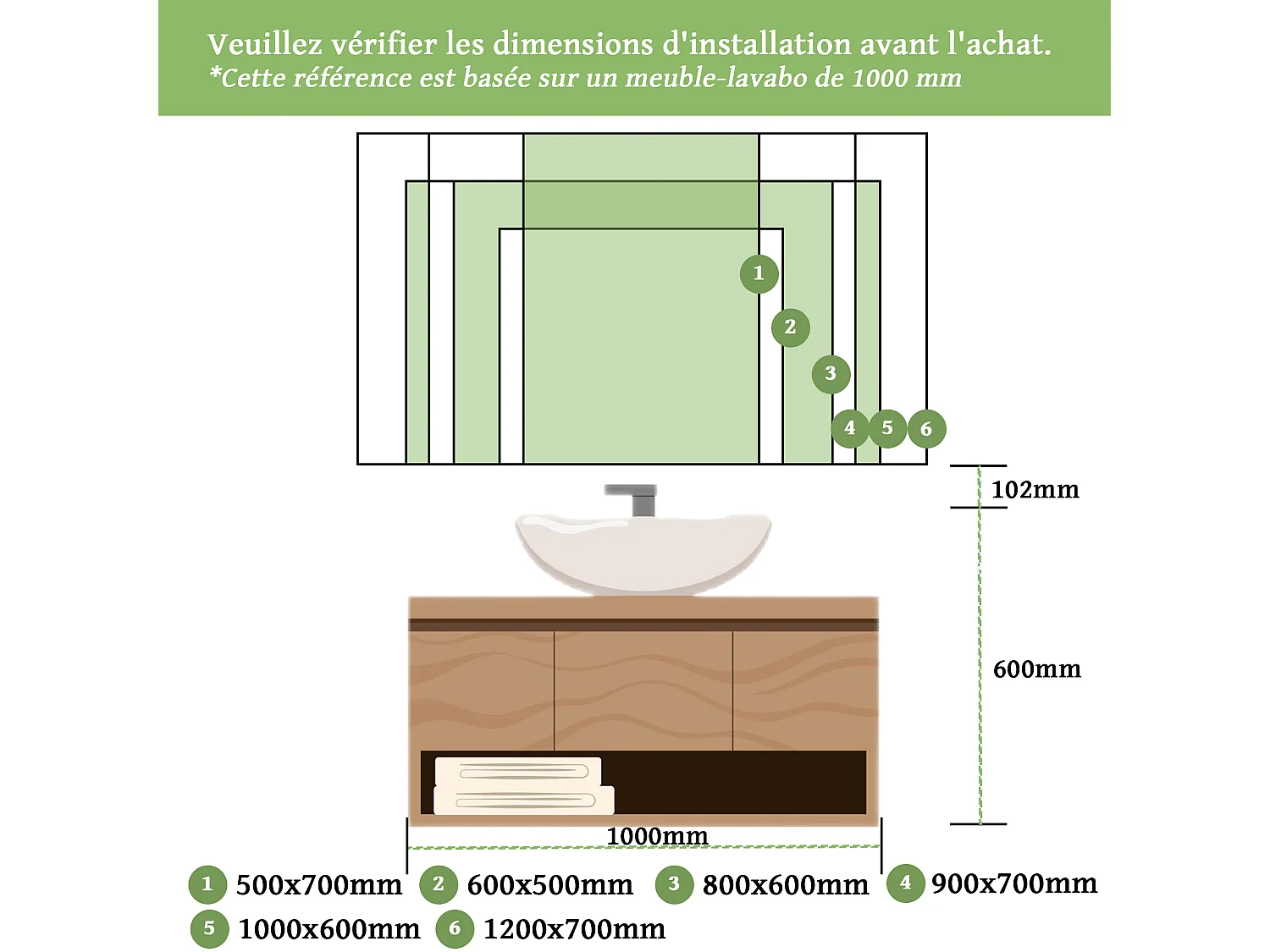 Miroir de salle de bain lumineux anti-buées rectangulaire 100x60 cm -LED,  Mémoire - Miroir lumineux