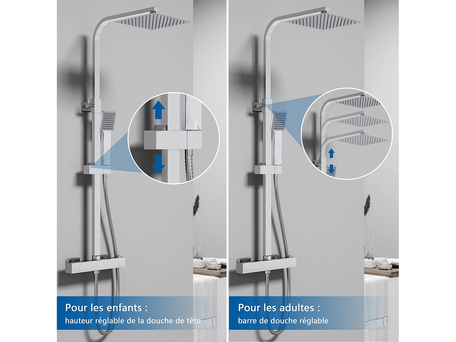 Colonne de douche thermostatique 200mm, kit carré chrome AICA