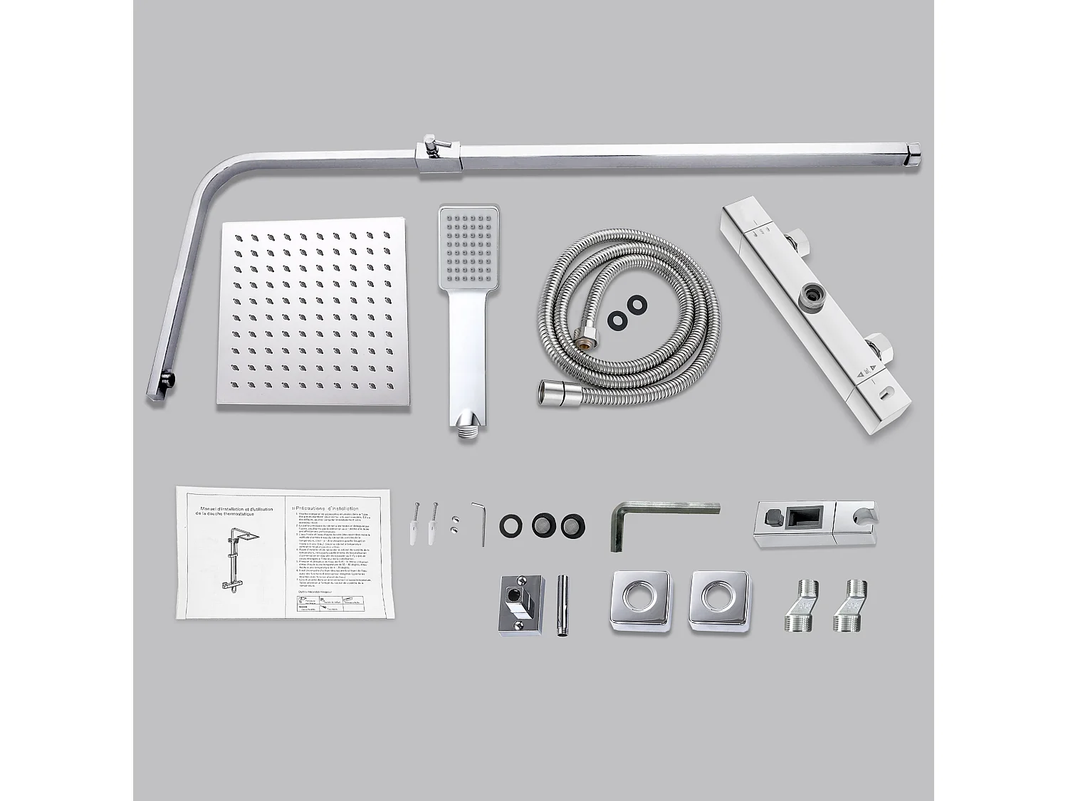 Colonne de douche thermostatique 200mm, kit carré chrome AICA