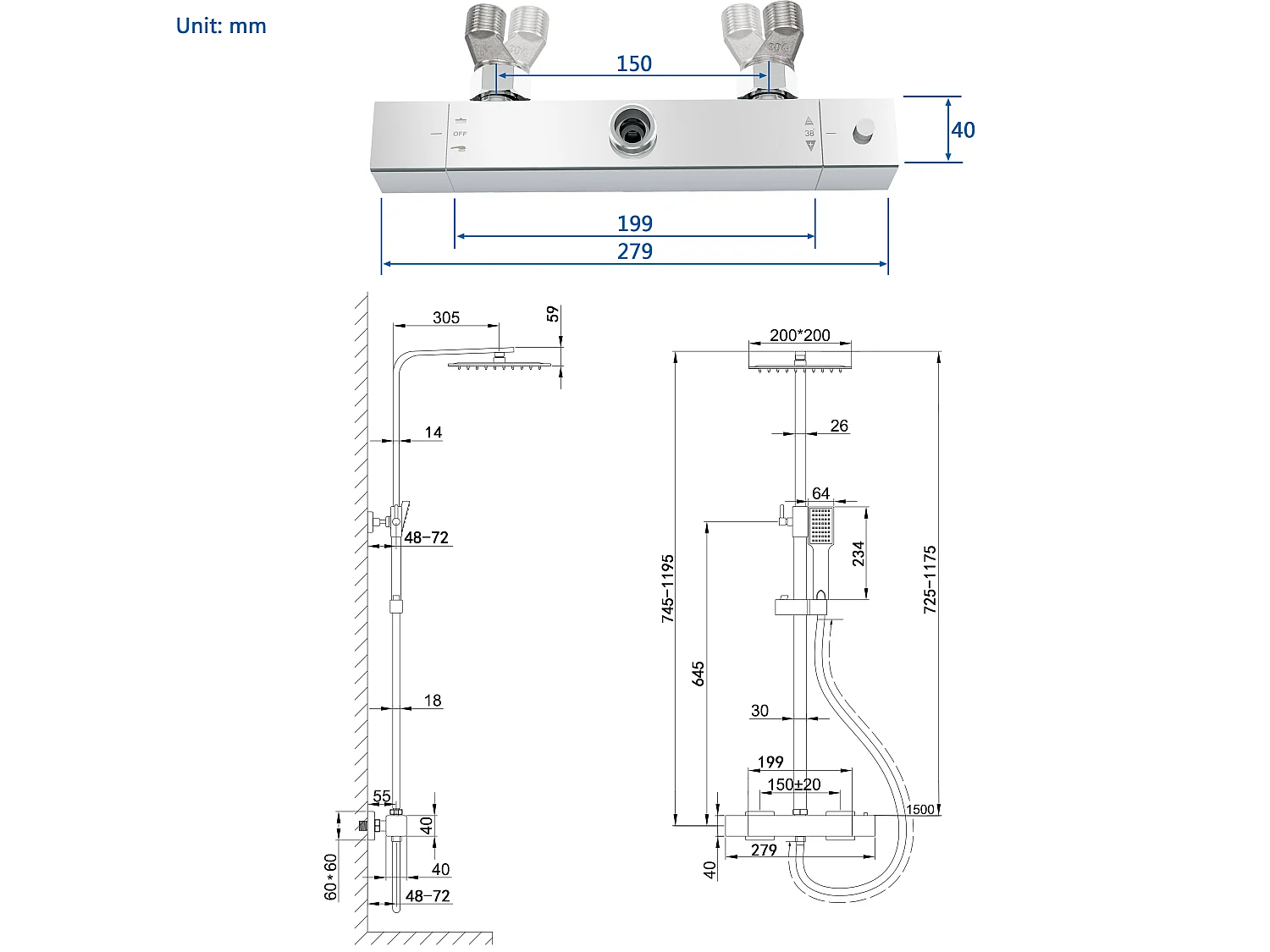 Colonne de douche thermostatique 200mm, kit carré chrome AICA