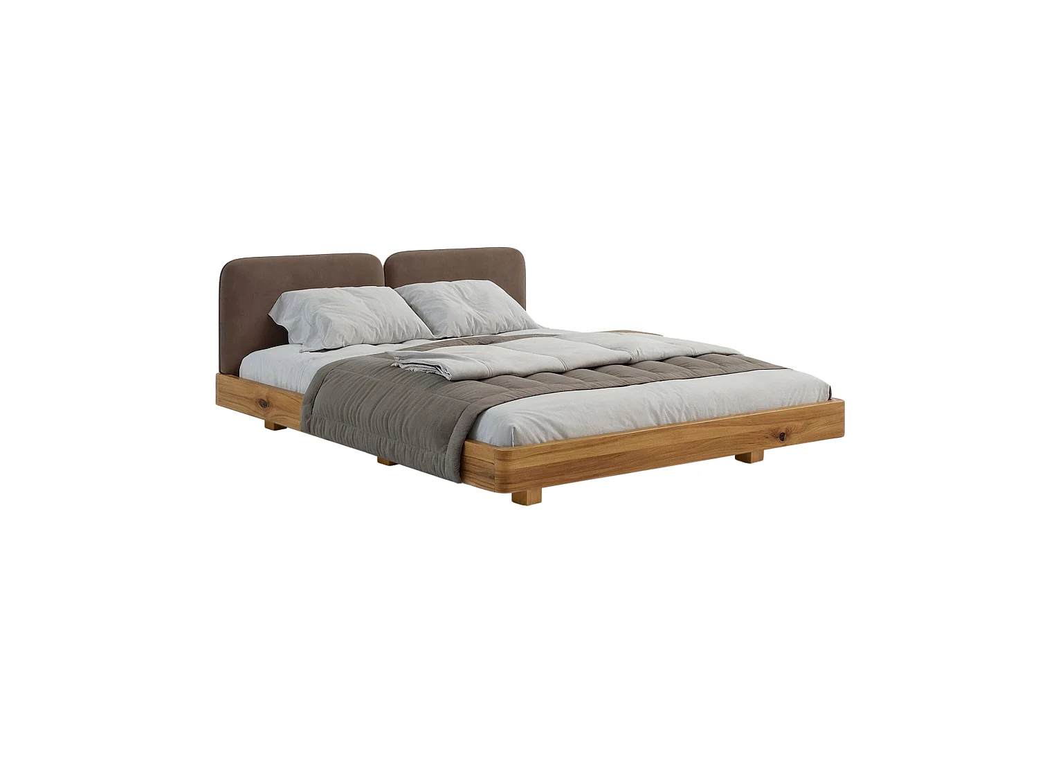 Lit en bois massif Eyko MAUI 140 x 200 cm, chêne sauvage laqué, tête de lit en velours marron