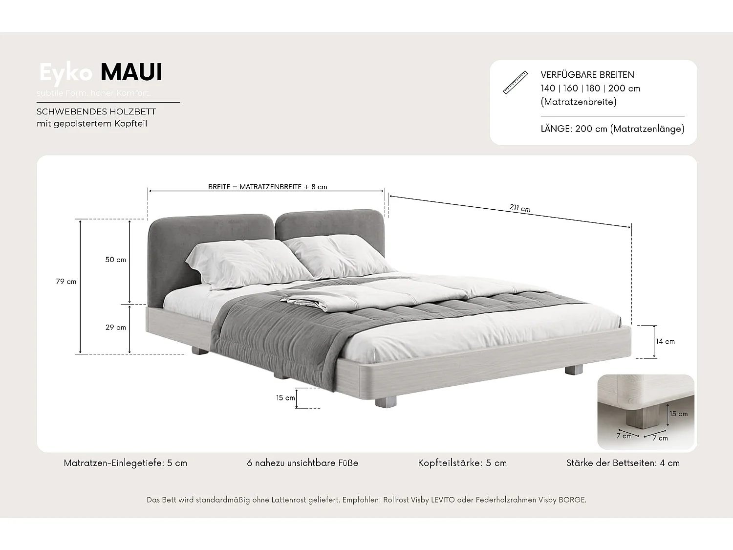Lit en bois massif Eyko MAUI 140 x 200 cm, chêne sauvage laqué, tête de lit en velours marron