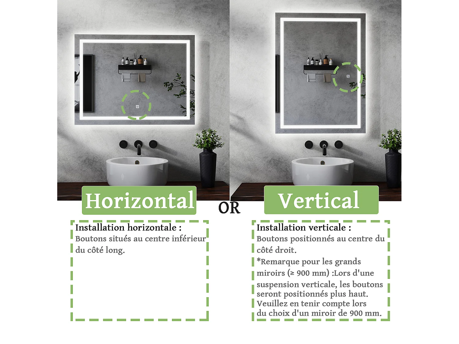 Miroir de salle de bain lumineux anti-buées rectangulaire 100x80 cm -LED,  Mémoire - Miroir lumineux
