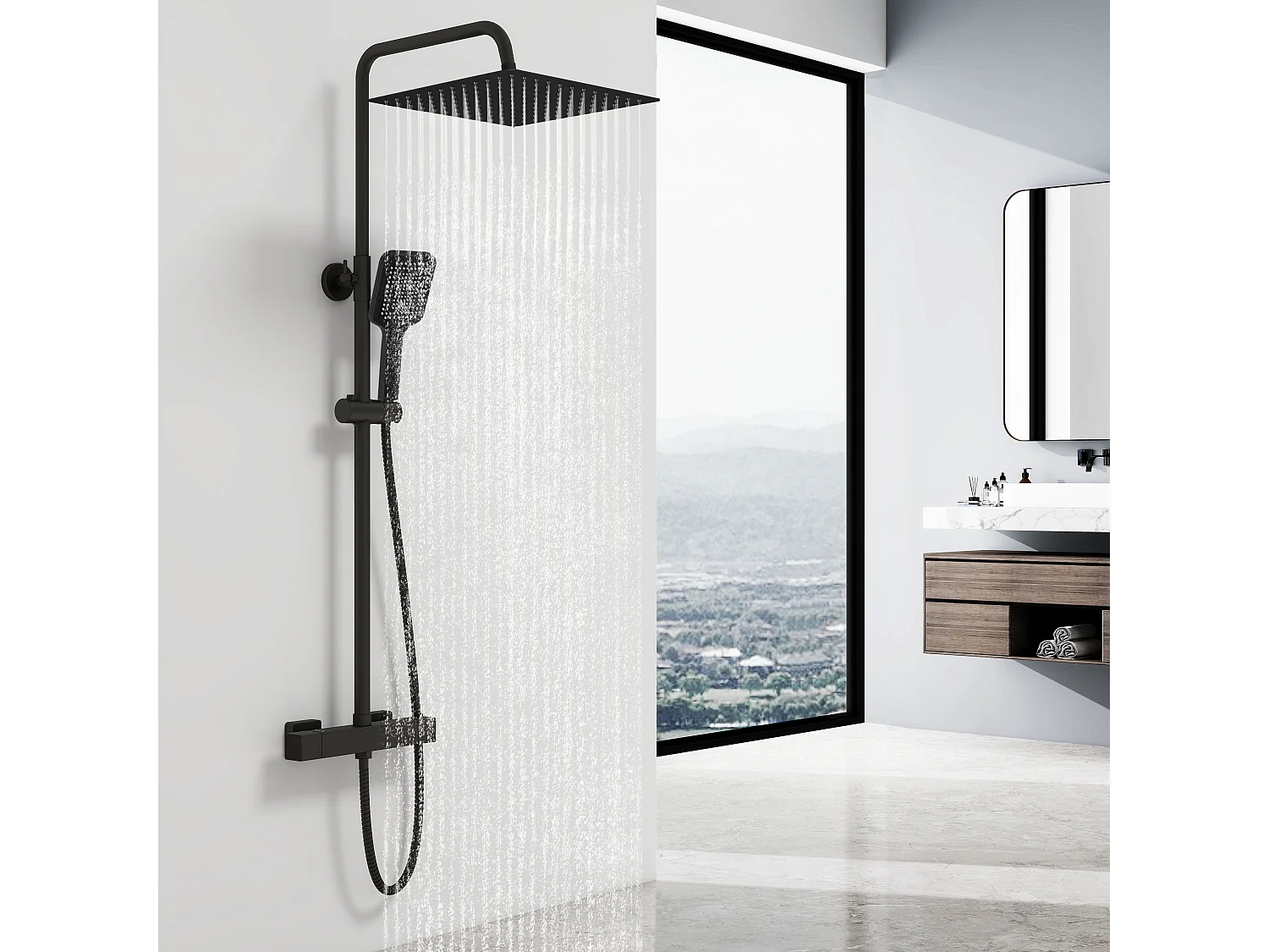 Colonne de douche thermostatique 300mm, kit de douche carré noir AICA