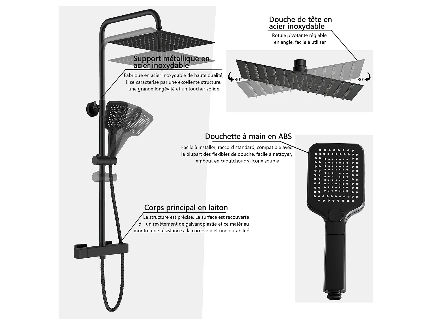Colonne de douche thermostatique 300mm, kit de douche carré noir AICA