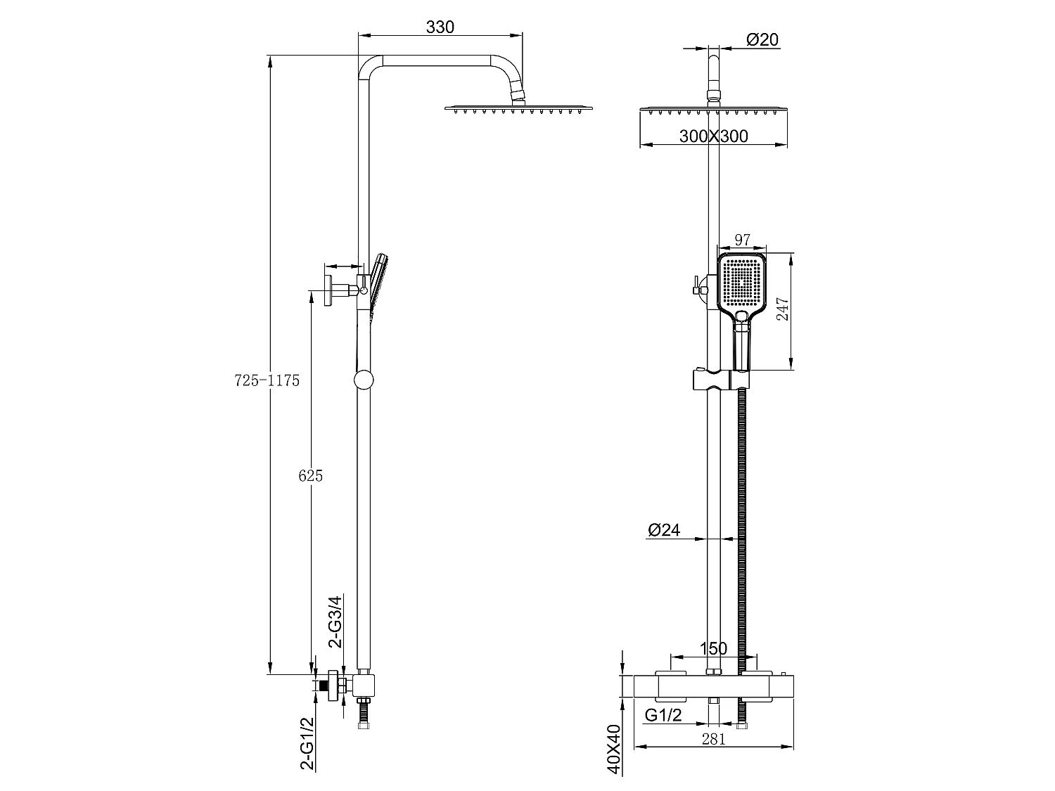 Colonne de douche thermostatique 300mm, kit de douche carré noir AICA