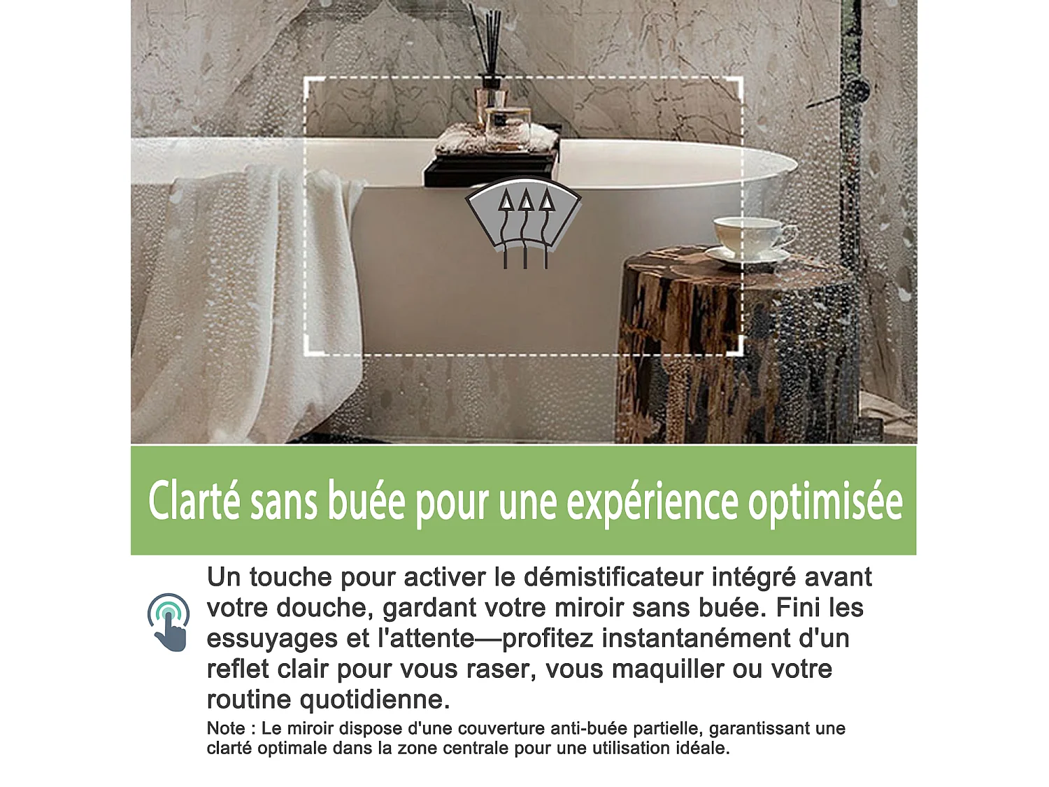 Miroir de salle de bain lumineux anti-buées rectangulaire 80x60 cm -LED,  Mémoire - Miroir lumineux