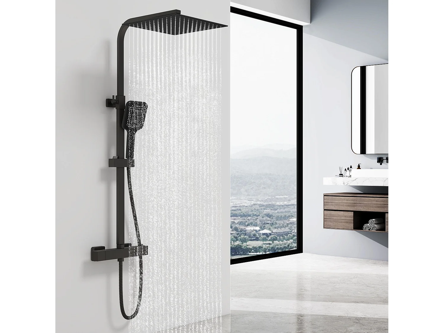 Colonne de douche thermostatique 300mm, kit carré noir AICA