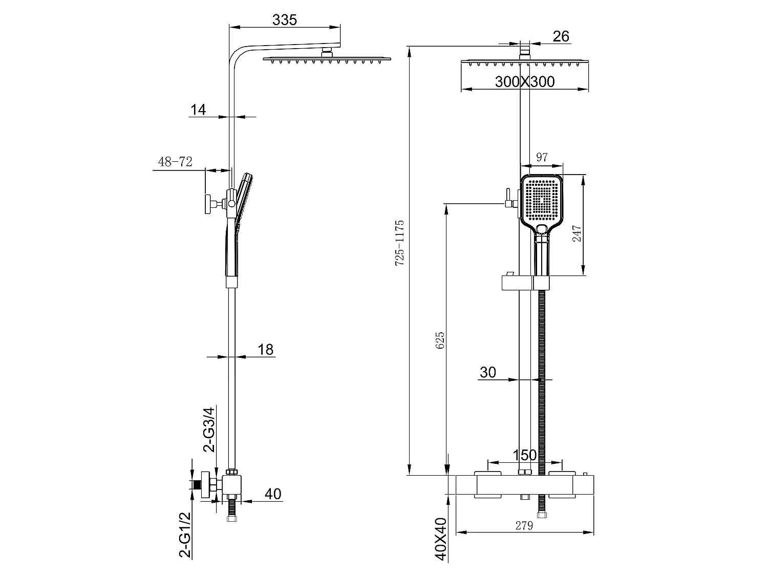 Colonne de douche thermostatique 300mm, kit carré noir AICA