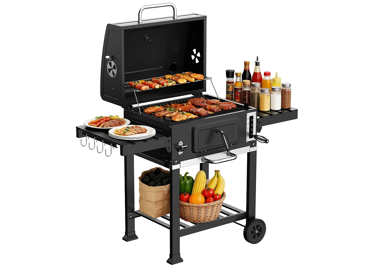 Teeno XXL Barbecue au Charbon de Bois, Thermomètre Intégré, Cheminée, Tire - Bouchon et Unité de