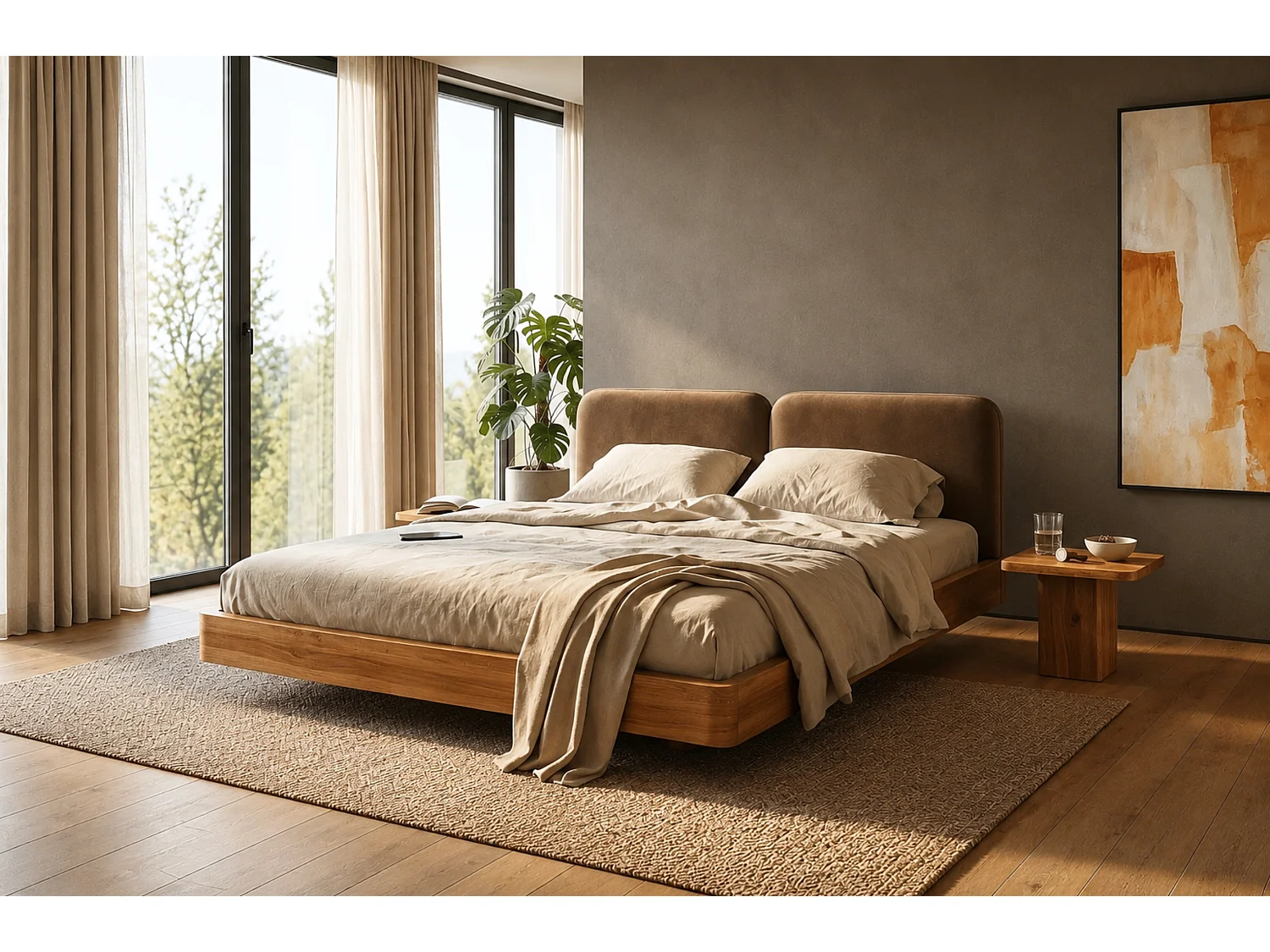 Lit en bois massif Eyko MAUI 160 x 200 cm, chêne sauvage laqué, tête de lit en velours marron