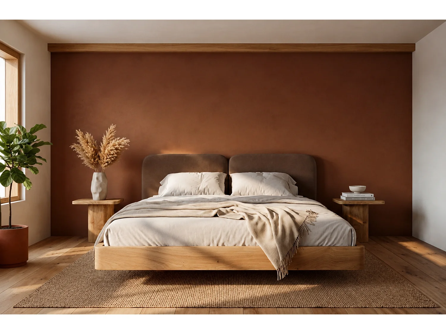 Lit en bois massif Eyko MAUI 160 x 200 cm, chêne sauvage laqué, tête de lit en velours marron