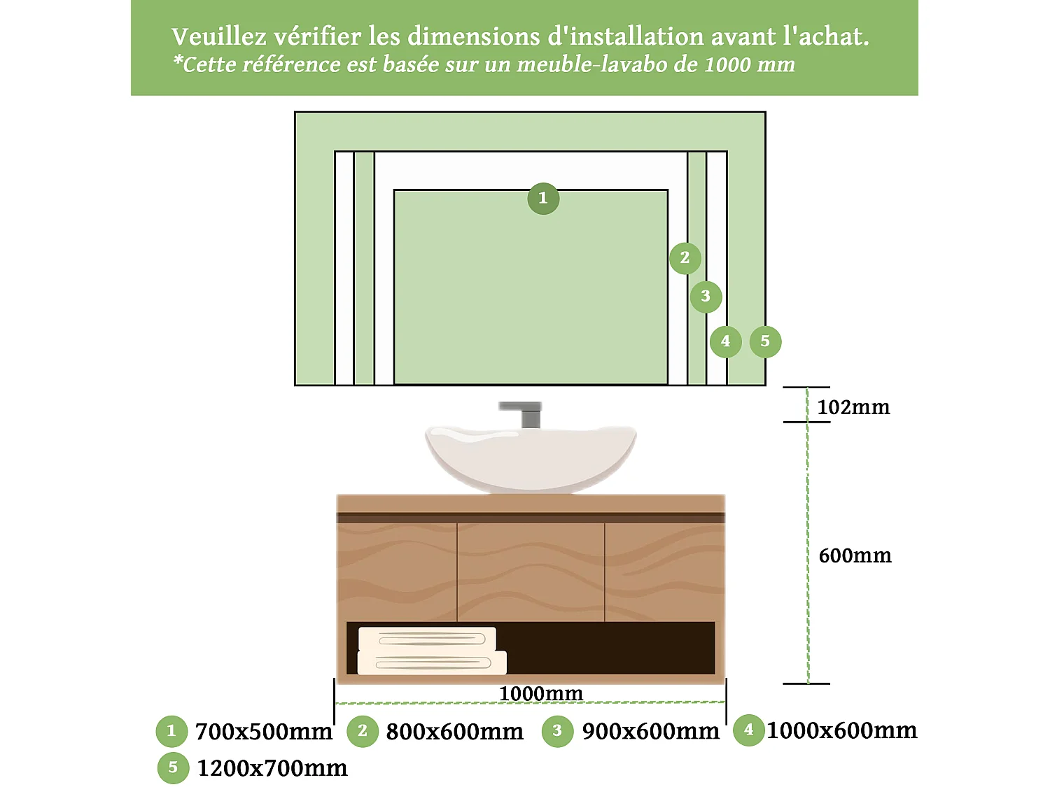 Miroir de salle de bain lumineux anti-buée rectangulaire 90x65 cm , 2 Interrupteurs, Miroir lumineux