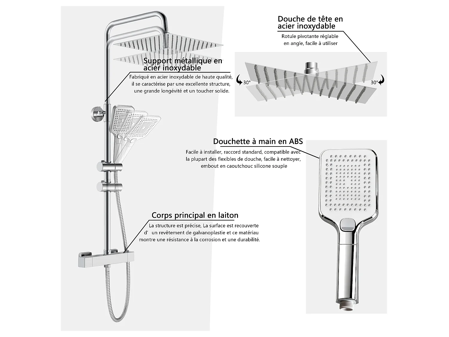 Colonne de douche thermostatique 300mm, kit de douche carré chrome AICA