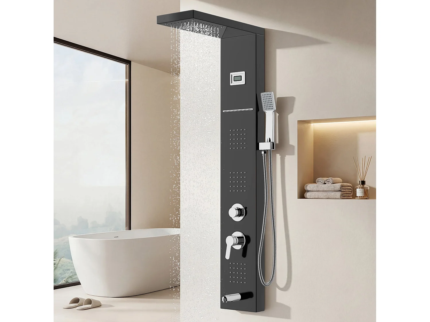 Colonne de douche hydromassante noire avec affichage LED de la température, mitigeur à cinq