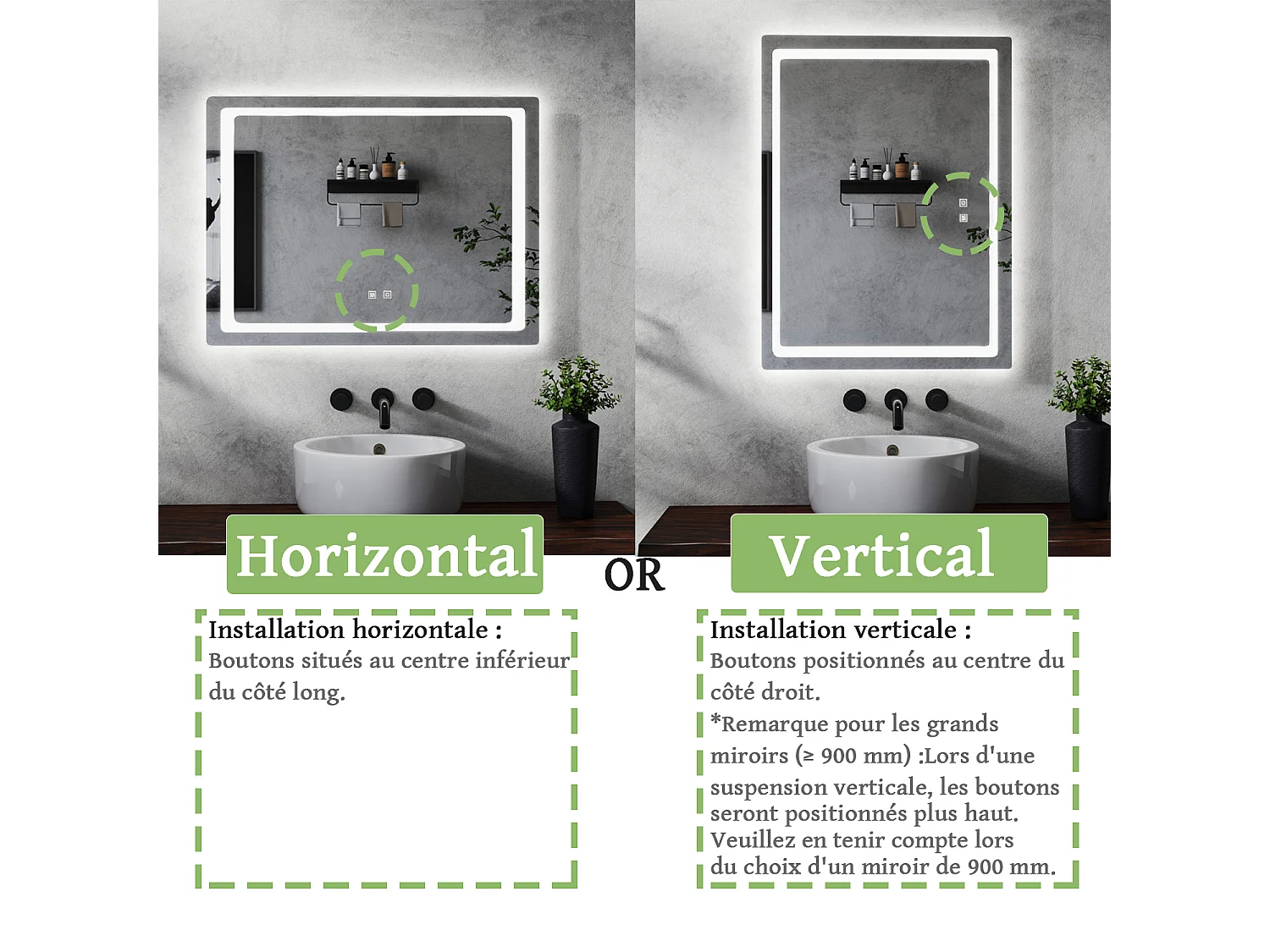 Miroir de salle de bain lumineux anti-buée rectangulaire 90x70 cm , 2 Interrupteurs, Miroir lumineux