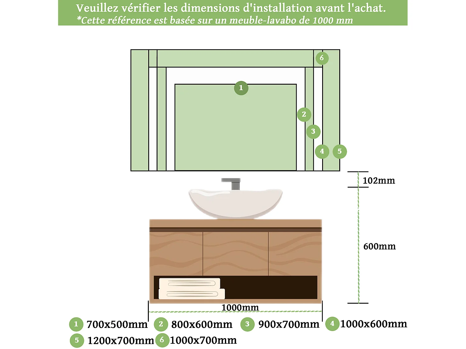 Miroir de salle de bain lumineux anti-buée rectangulaire 90x70 cm , 2 Interrupteurs, Miroir lumineux