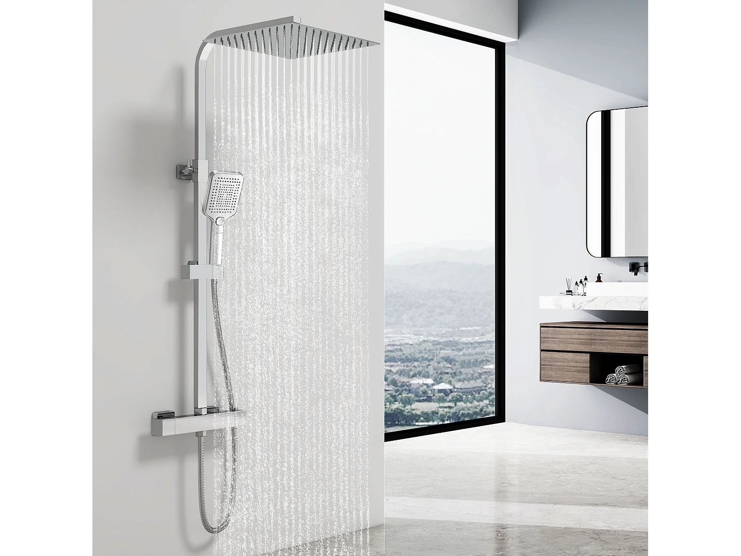 Colonne de douche thermostatique 300mm, kit carré chrome AICA