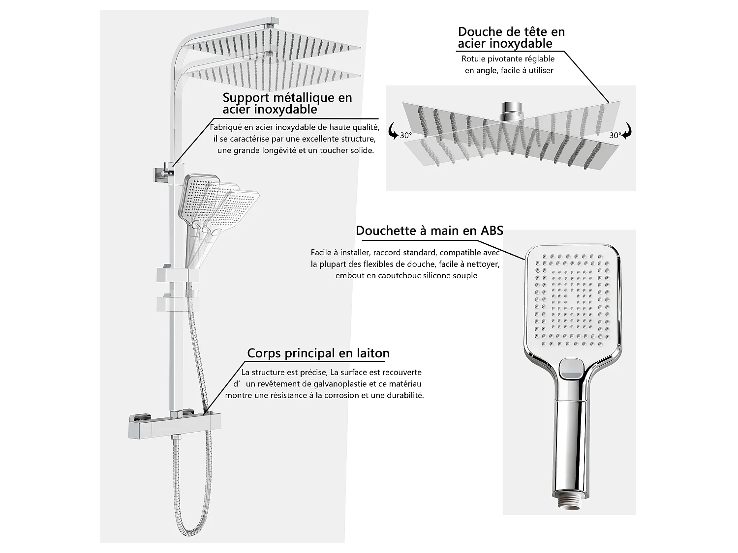 Colonne de douche thermostatique 300mm, kit carré chrome AICA