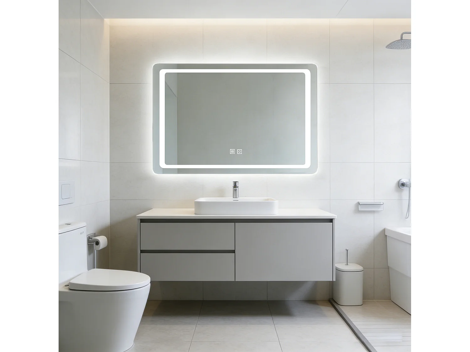 Miroir de salle de bain lumineux anti-buée rectangulaire 100x60 cm , 2 Interrupteurs, Miroir lumineux