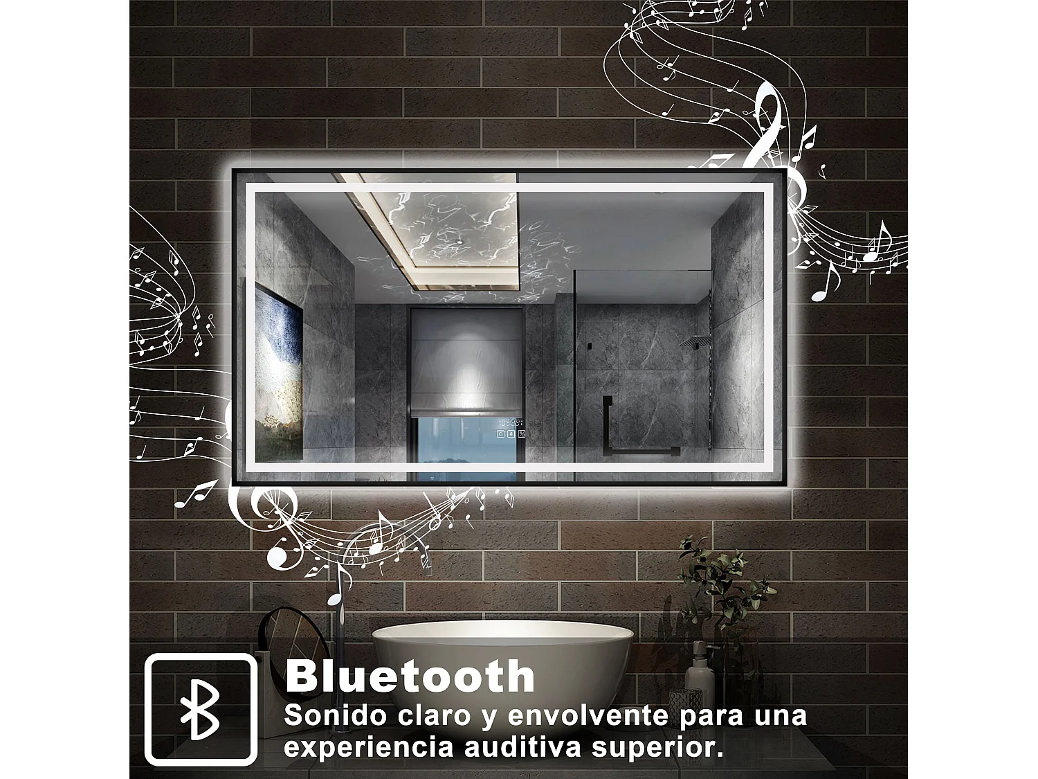 AICA espejo 140x80cm,luz de 3 colores,función de antivaho y bluetooth