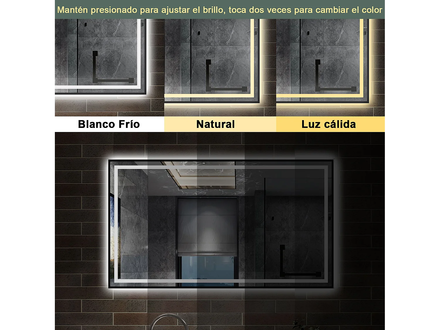 AICA espejo 140x80cm,luz de 3 colores,función de antivaho y bluetooth
