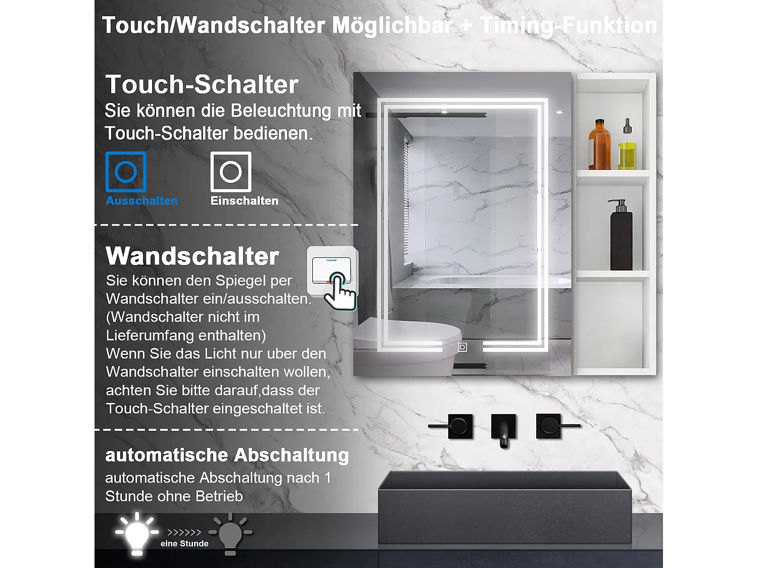 AICA LED Spiegelschrank mit Seiteschrank,70x70cm,Steckdose,3 Lichtfarbe dimmbar,Anti-Beschlag - Weiß Matt