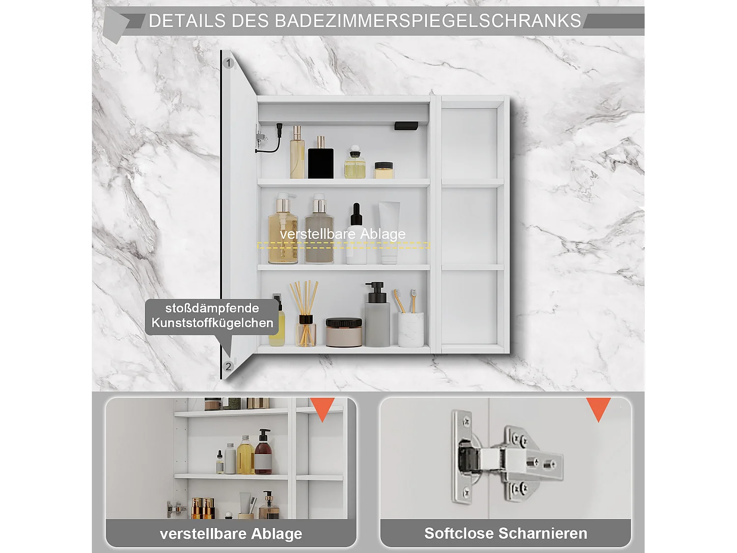 AICA LED Spiegelschrank mit Seiteschrank,70x70cm,Steckdose,3 Lichtfarbe dimmbar,Anti-Beschlag - Weiß Matt