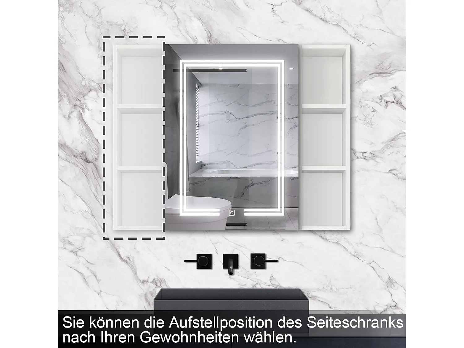 AICA LED Spiegelschrank mit Seiteschrank,70x70cm,Steckdose,3 Lichtfarbe dimmbar,Anti-Beschlag - Weiß Matt
