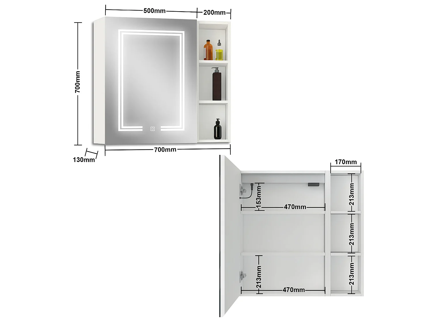 AICA LED Spiegelschrank mit Seiteschrank,70x70cm,Steckdose,3 Lichtfarbe dimmbar,Anti-Beschlag - Weiß Matt