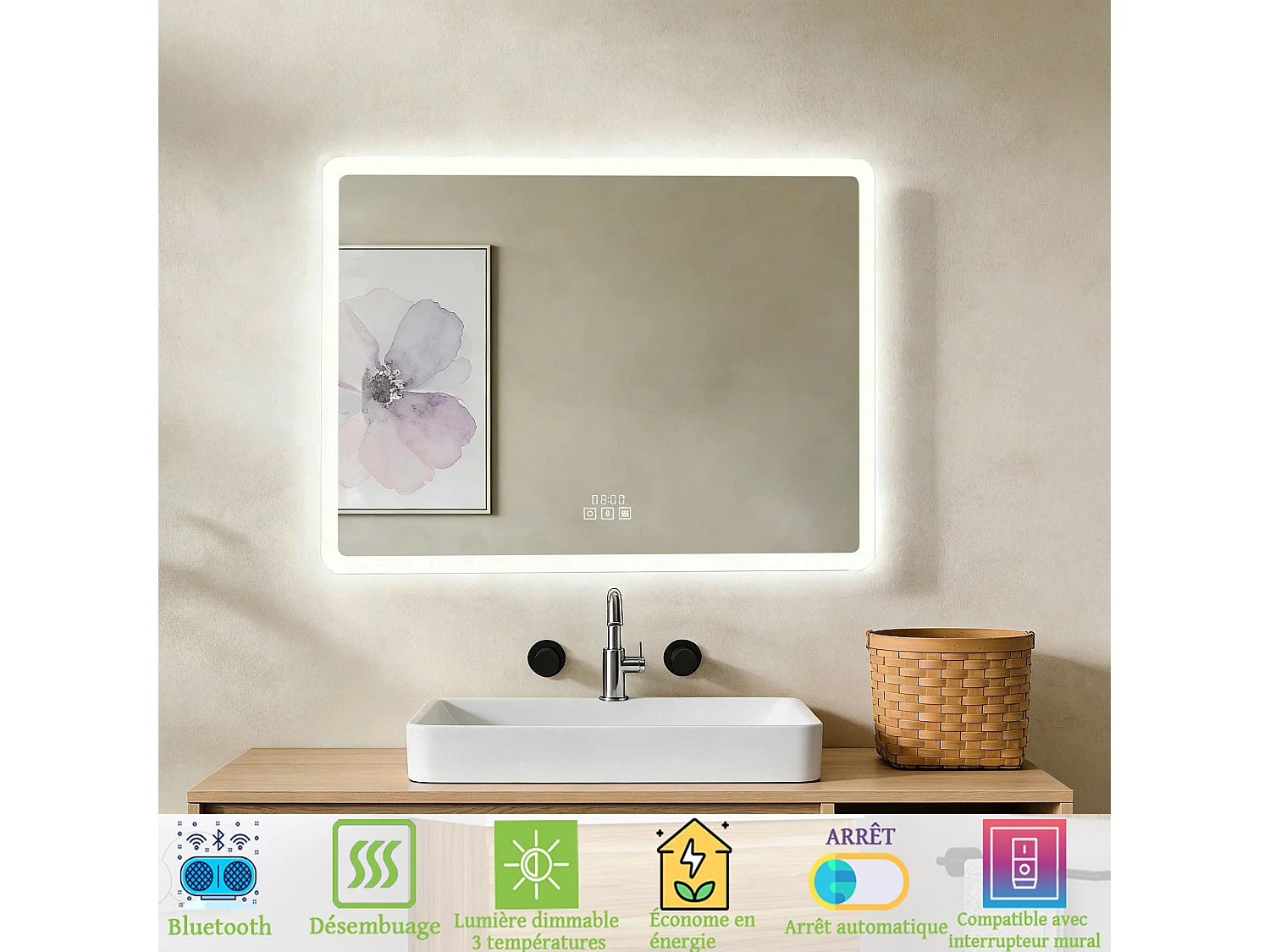 Miroir de salle de bain lumineux anti-buée rectangulaire 100x60 cm - Éclairage 3 Couleurs, Bluetooth, Horloge, Mémoire. Miroir lumineux