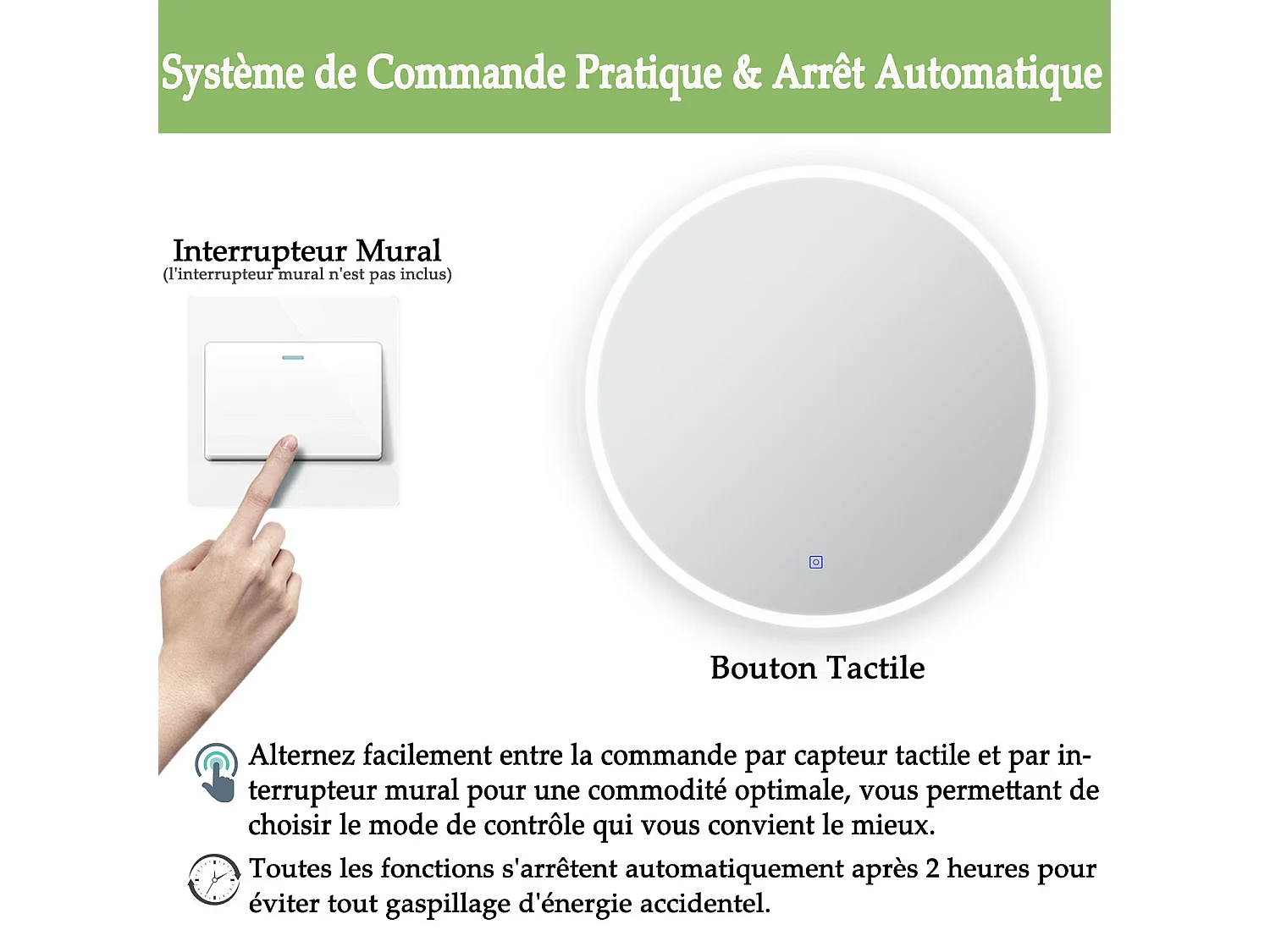 Miroir de salle de bain lumineux anti-buées rond 70x70 cm - LED,  Mémoire - Miroir lumineux