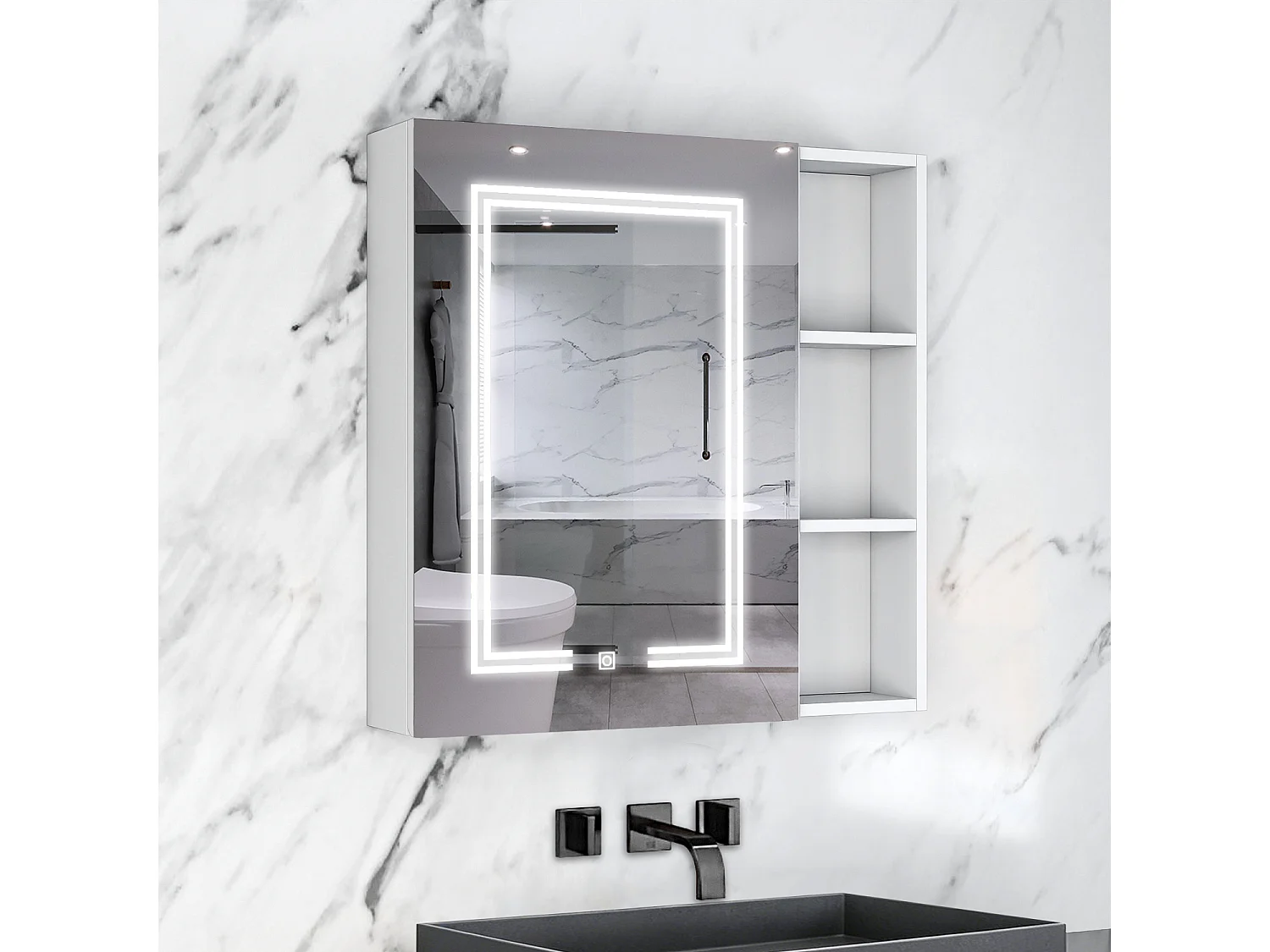AICA LED Spiegelschrank mit Seiteschrank,80x70cm,Steckdose,3 Lichtfarbe dimmbar,Anti-Beschlag - Weiß Matt