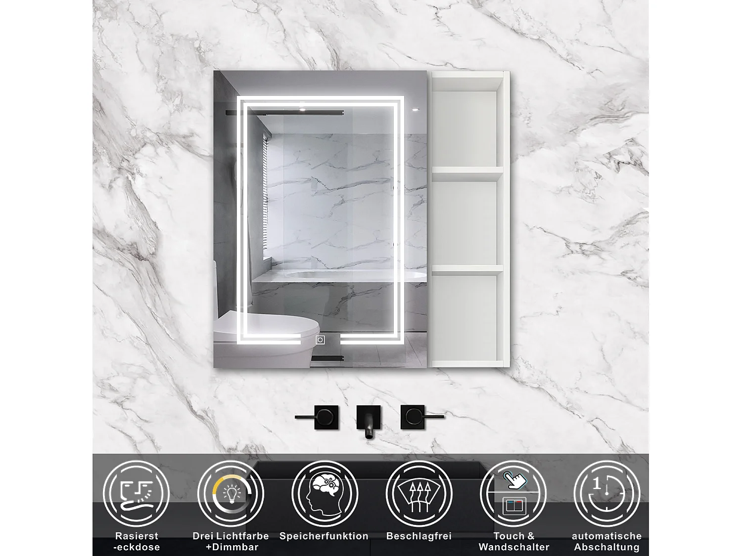AICA LED Spiegelschrank mit Seiteschrank,80x70cm,Steckdose,3 Lichtfarbe dimmbar,Anti-Beschlag - Weiß Matt