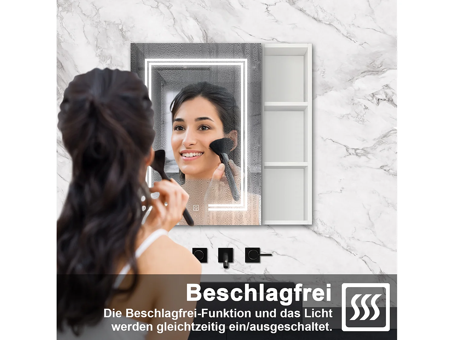 AICA LED Spiegelschrank mit Seiteschrank,80x70cm,Steckdose,3 Lichtfarbe dimmbar,Anti-Beschlag - Weiß Matt