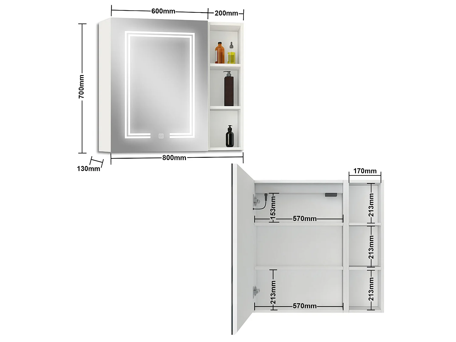 AICA LED Spiegelschrank mit Seiteschrank,80x70cm,Steckdose,3 Lichtfarbe dimmbar,Anti-Beschlag - Weiß Matt