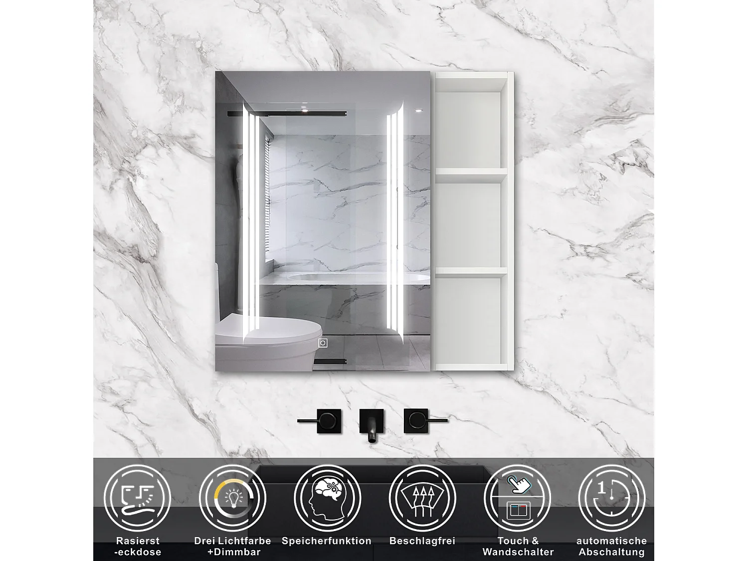 AICA LED Spiegelschrank mit Seiteschrank,80x70cm,3 Lichtfarben,dimmbar,Steckdose,Anti-Beschlag - Weiß Matt