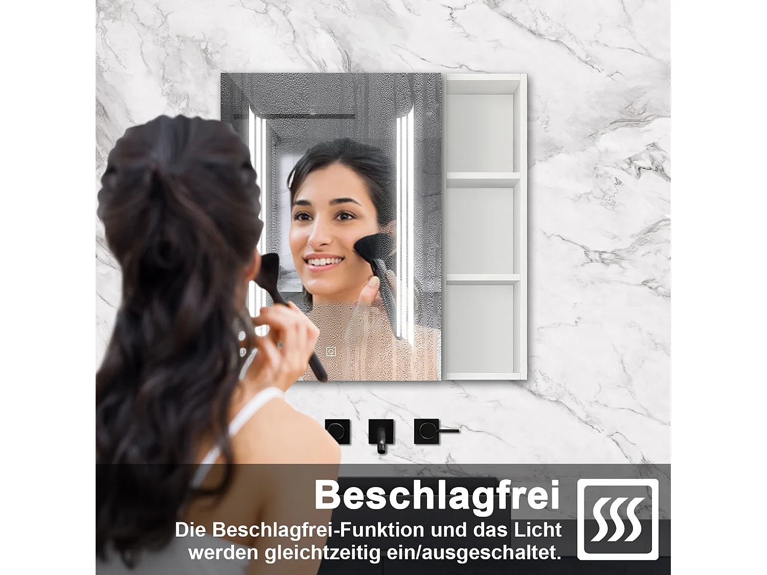 AICA LED Spiegelschrank mit Seiteschrank,80x70cm,3 Lichtfarben,dimmbar,Steckdose,Anti-Beschlag - Weiß Matt
