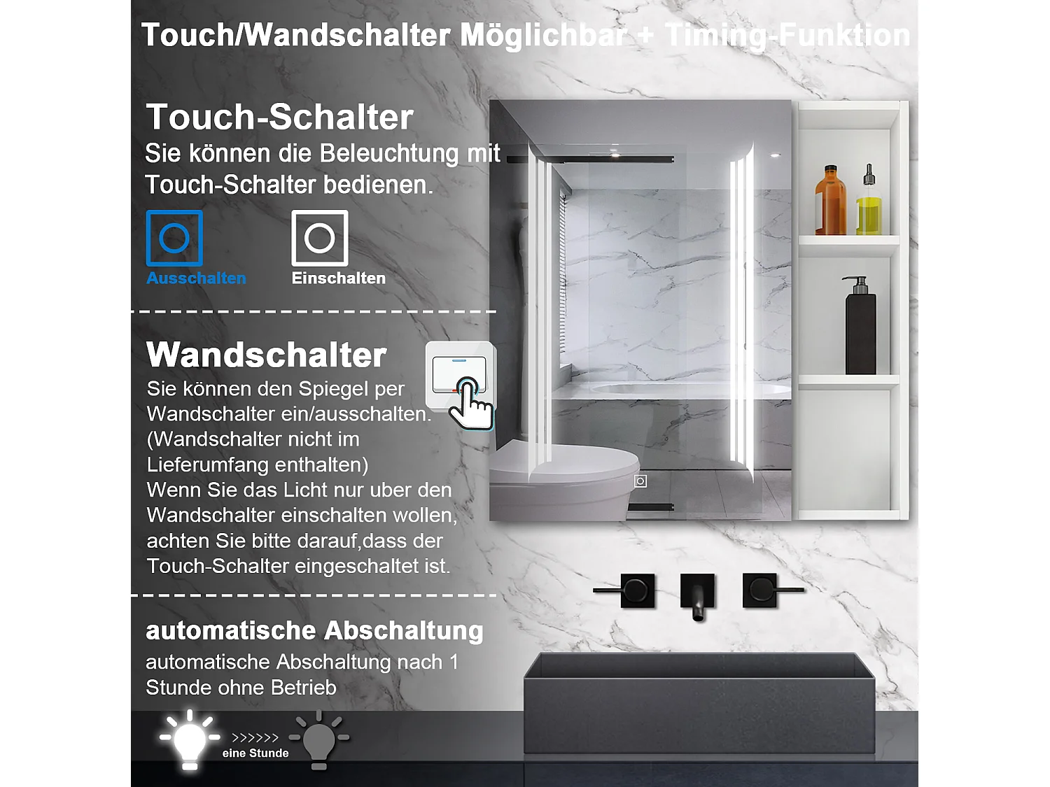 AICA LED Spiegelschrank mit Seiteschrank,80x70cm,3 Lichtfarben,dimmbar,Steckdose,Anti-Beschlag - Weiß Matt