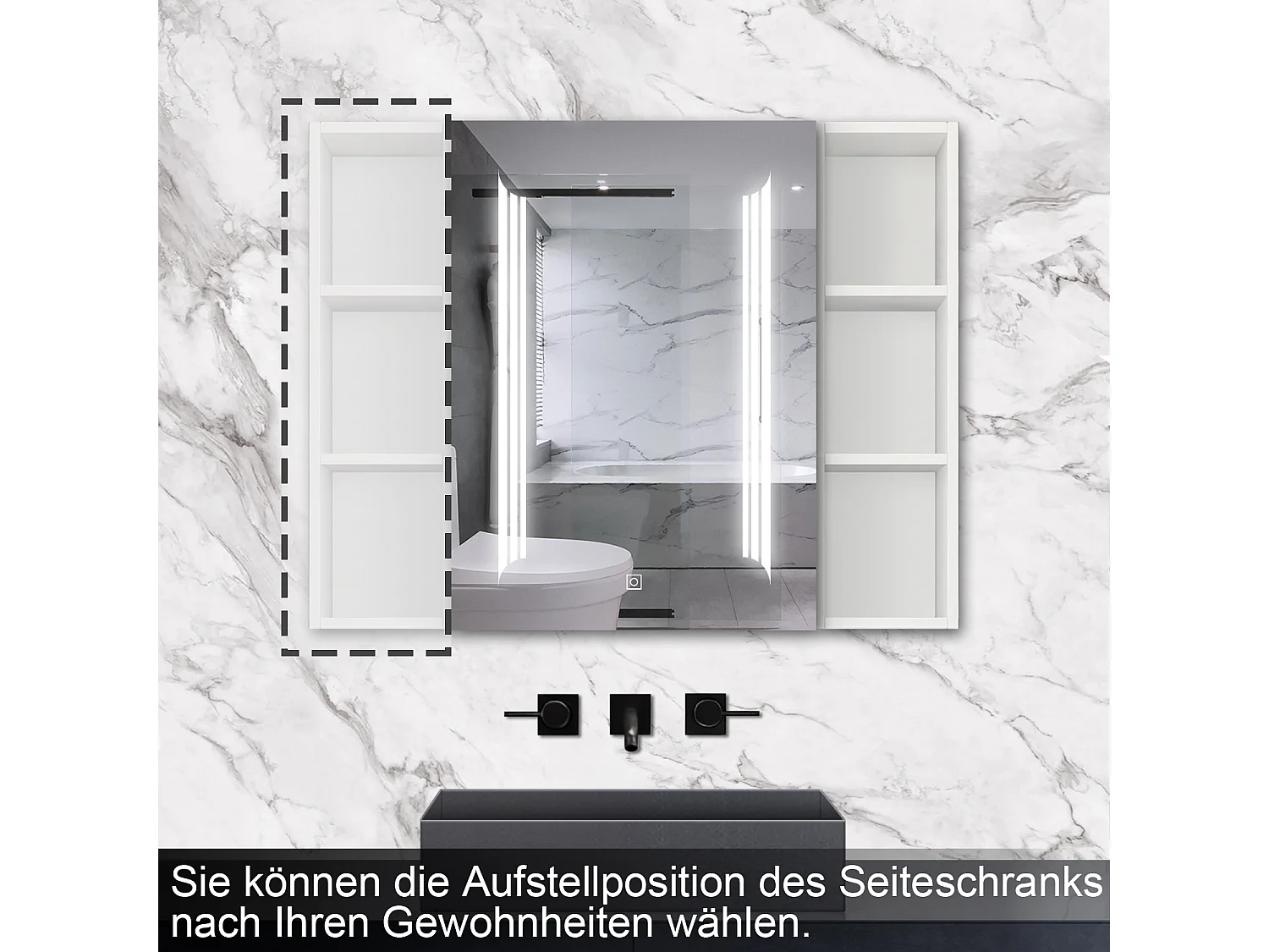 AICA LED Spiegelschrank mit Seiteschrank,80x70cm,3 Lichtfarben,dimmbar,Steckdose,Anti-Beschlag - Weiß Matt